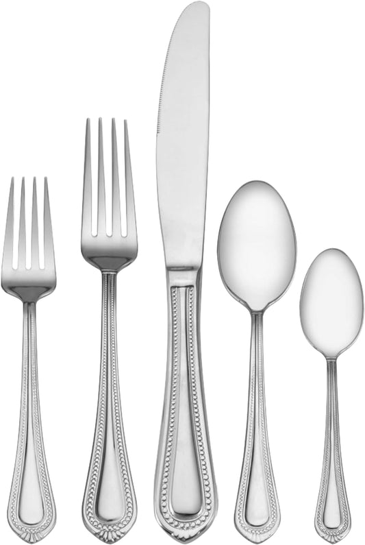 , Regent Bead Flatware Service for 12, 65 Piece Set, 18/10 Stainless Steel, Silverware Set with Serving Utensils