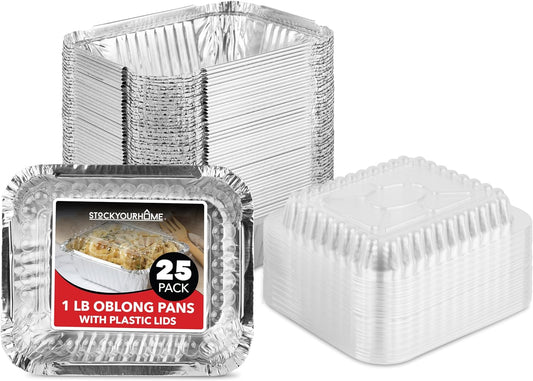 1 Lb Small Aluminum Pans with Lids (25 Pack) Foil Pans + Clear Plastic Lids, Disposable Cookware, Takeout Trays with Lids - to Go Disposable Food Containers for Restaurants & Catering