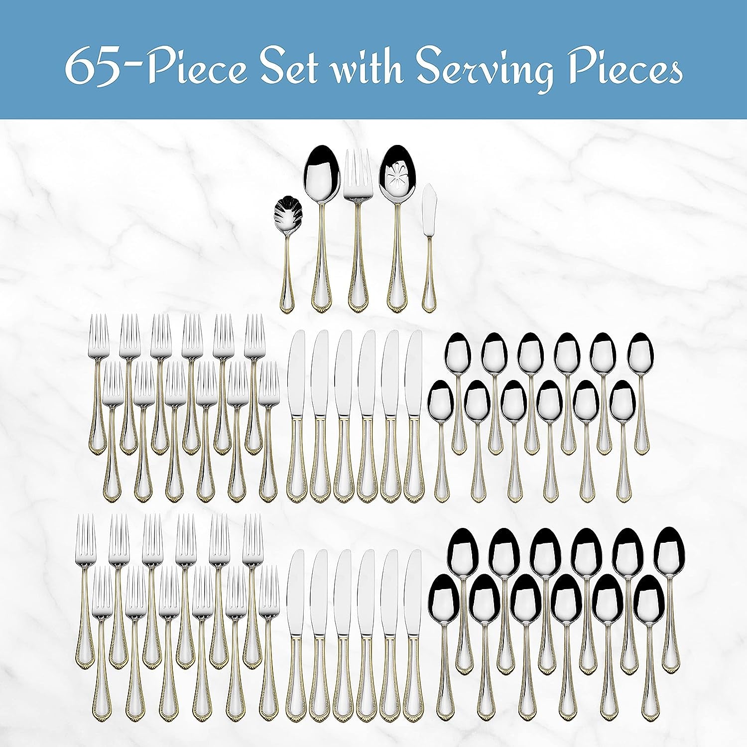 , Gold Accent Regent Bead Flatware Service for 12, 65 Piece Set, 18/10 Stainless Steel, Silverware Set with Serving Utensils