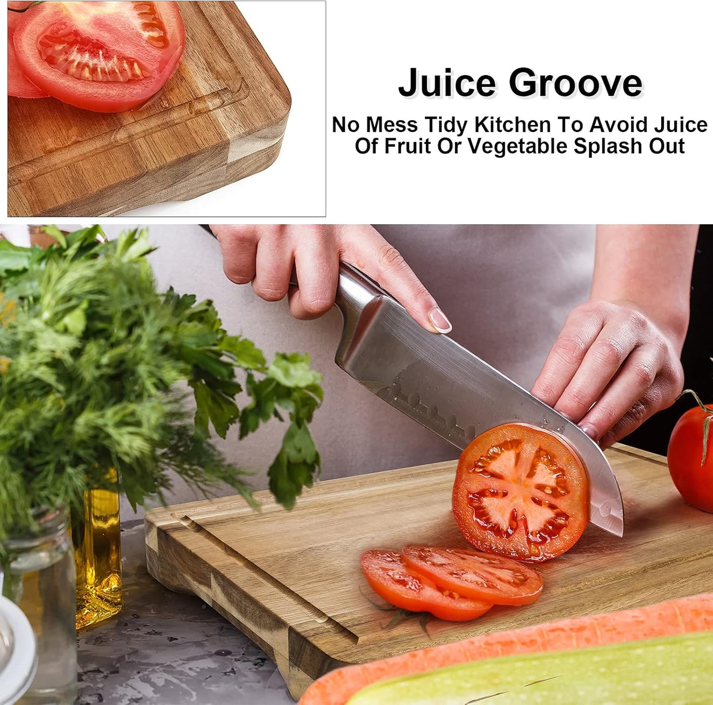 Acacia Wood Cutting Board with Juice Groove & Handles(2 Piece Set), Reversible Chopping Board for Meat(Butcher Block), Vegetables, Fruits, Bread, Cheese