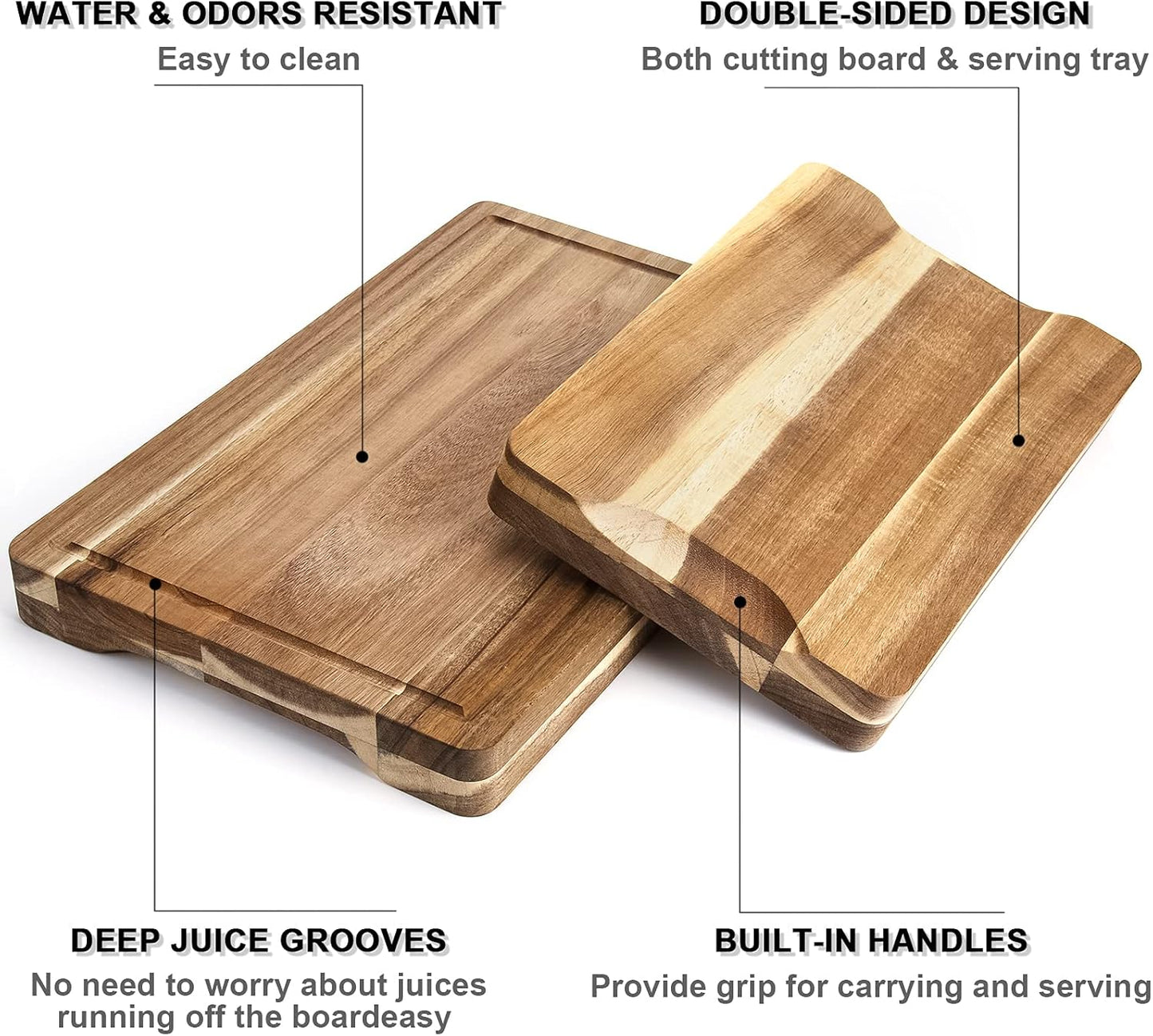 Acacia Wood Cutting Board with Juice Groove & Handles(2 Piece Set), Reversible Chopping Board for Meat(Butcher Block), Vegetables, Fruits, Bread, Cheese