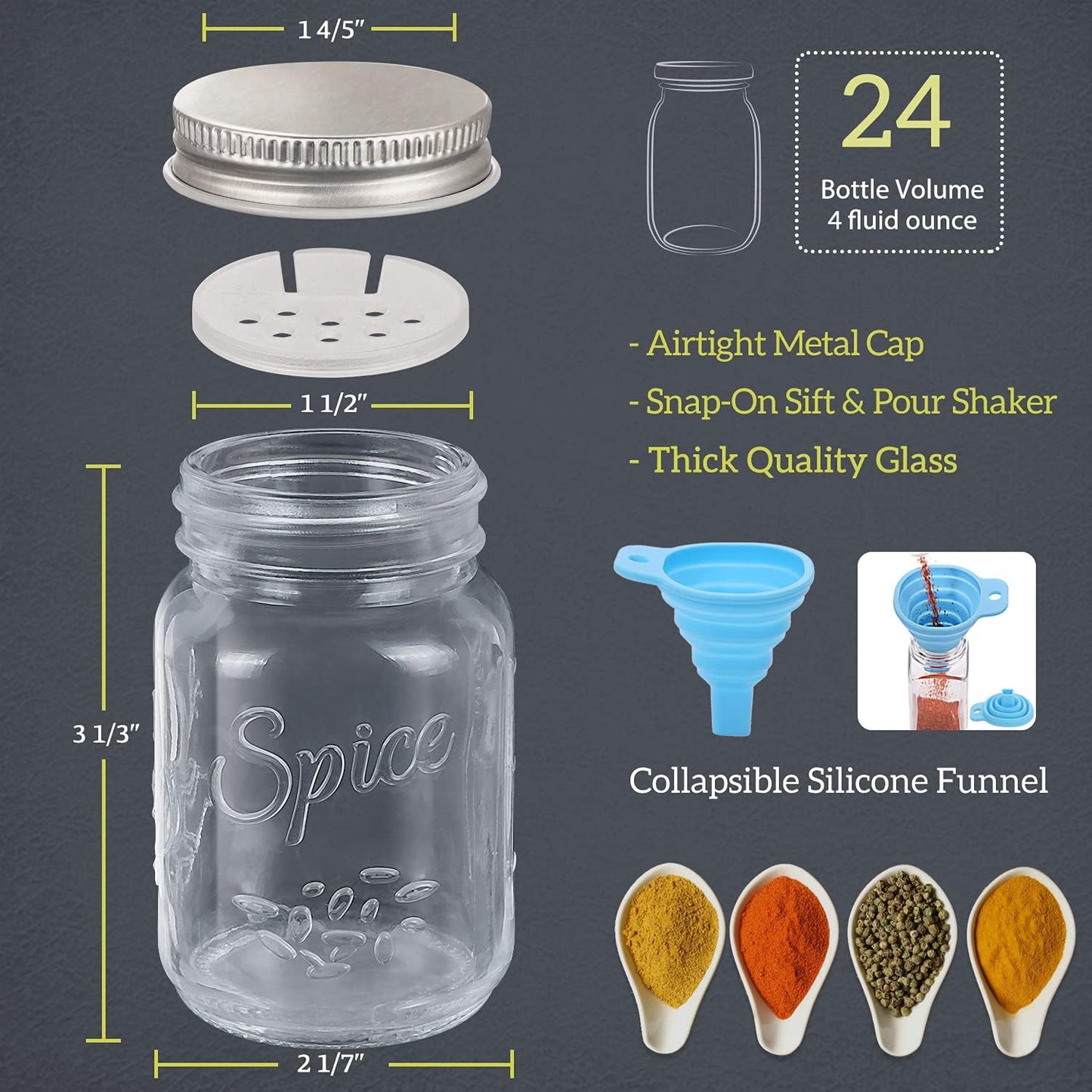 24 Pcs Glass Mason Spice Jars/Bottles - 4Oz Empty Spice Containers with Spice Labels - Shaker Lids and Airtight Metal Caps - Silicone Collapsible Funnel Included