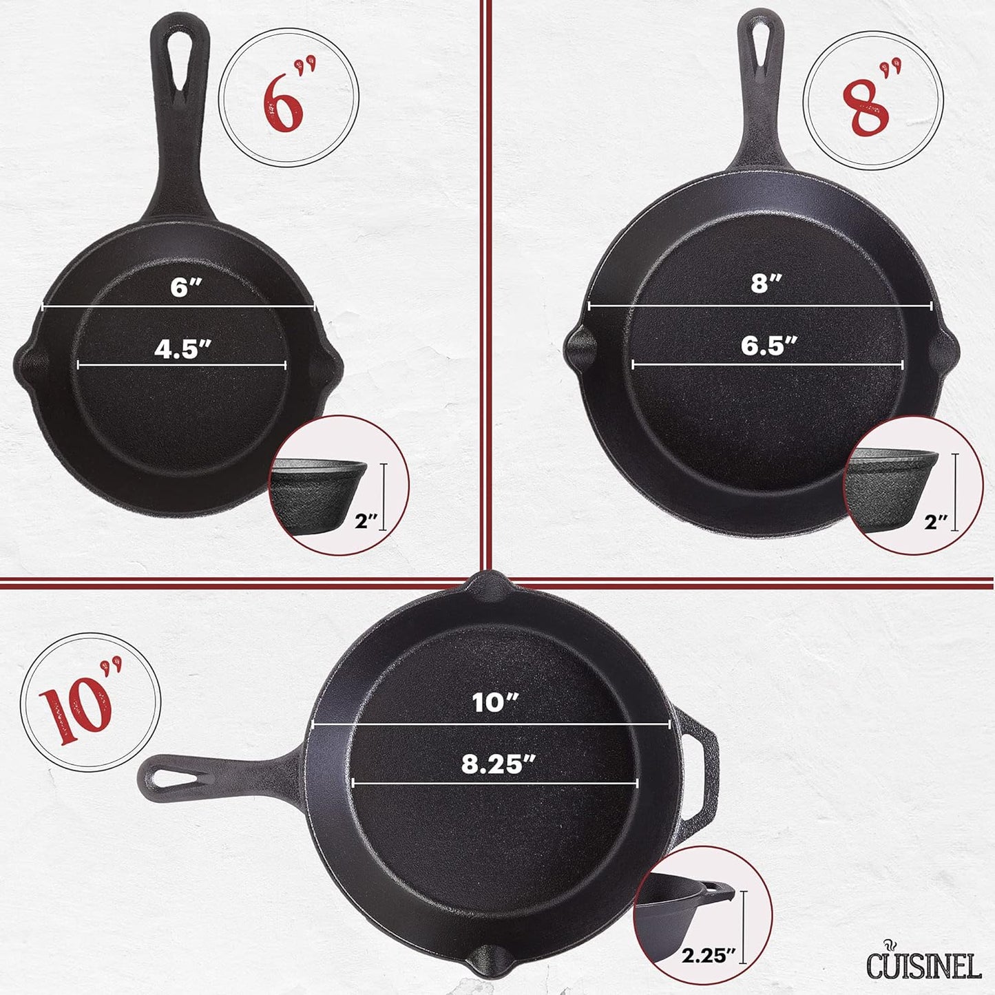 Cast Iron Skillet Set - 6"+8"+10"-Inch + Glass Lids + Silicone Handle Holder Covers - Pre-Seasoned Frying Pan - Oven Safe Cookware - Indoor/Outdoor, Grill, BBQ, Fire, Stovetop, Induction Safe