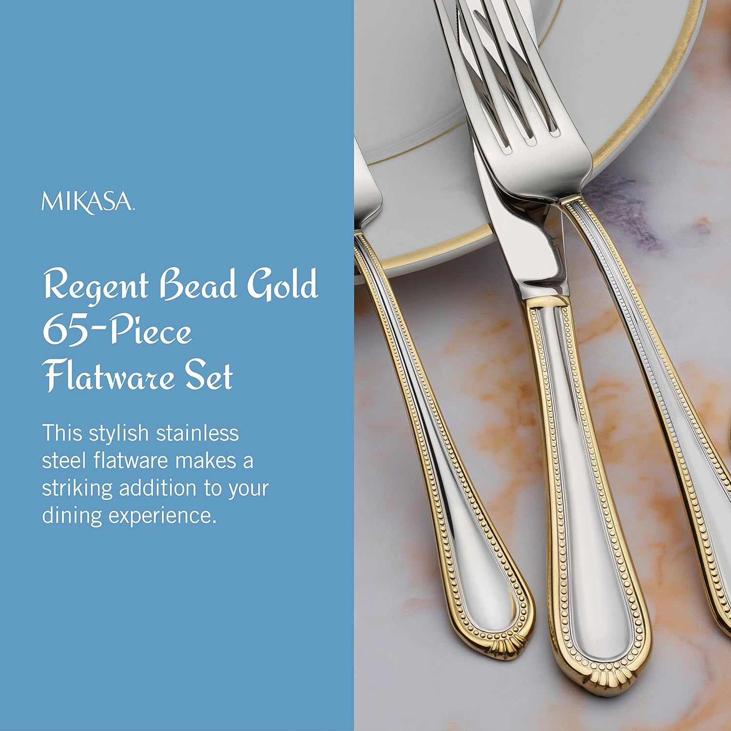 , Gold Accent Regent Bead Flatware Service for 12, 65 Piece Set, 18/10 Stainless Steel, Silverware Set with Serving Utensils