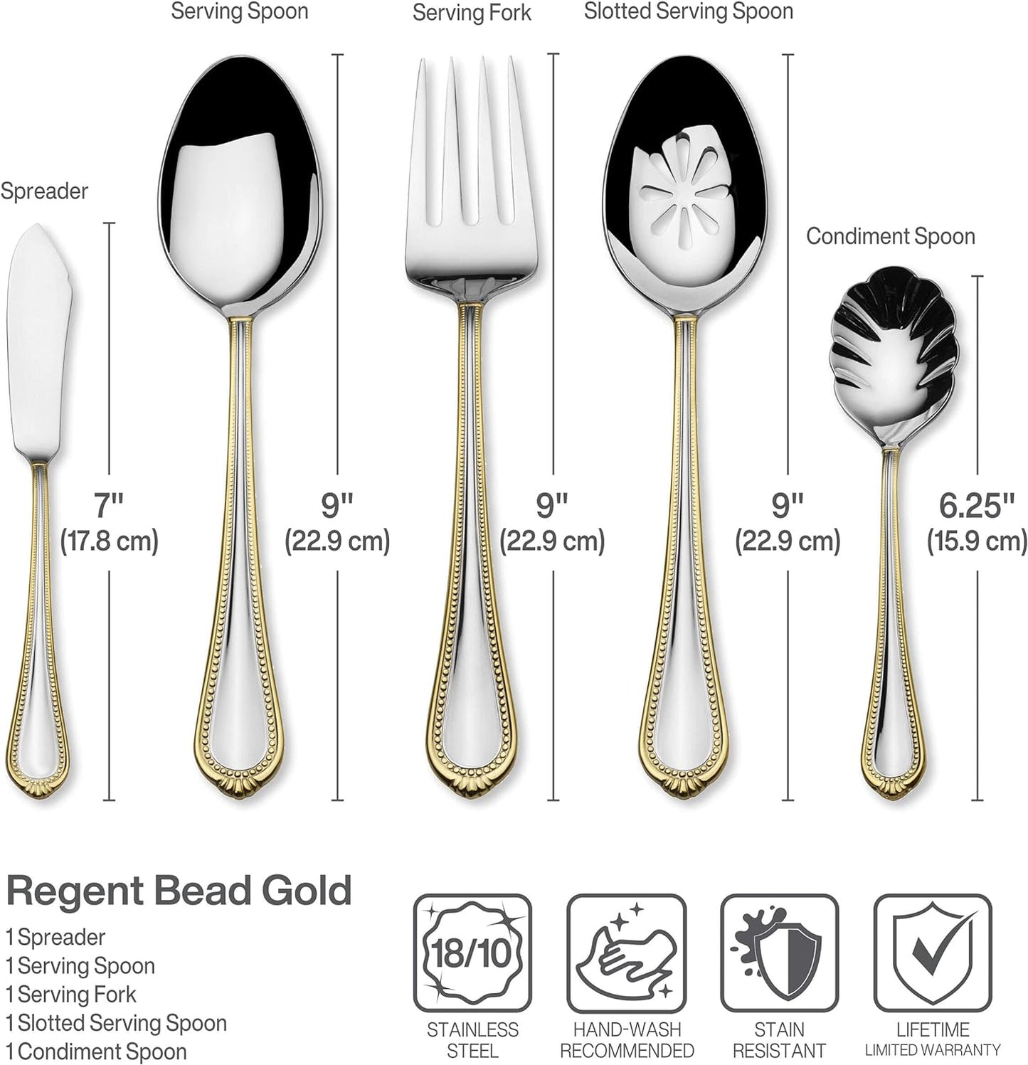 , Gold Accent Regent Bead Flatware Service for 12, 65 Piece Set, 18/10 Stainless Steel, Silverware Set with Serving Utensils