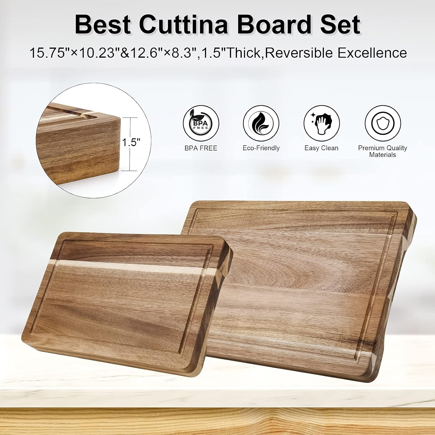 Acacia Wood Cutting Board with Juice Groove & Handles(2 Piece Set), Reversible Chopping Board for Meat(Butcher Block), Vegetables, Fruits, Bread, Cheese