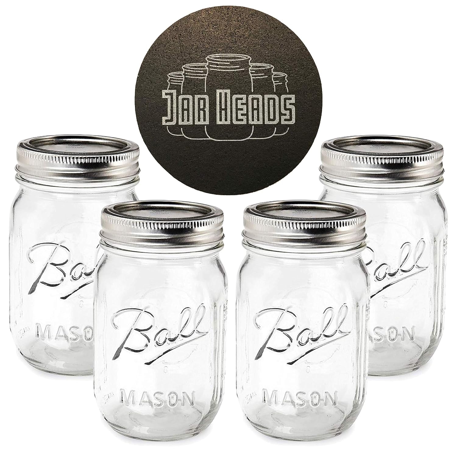 Ball Mason Jars 16 Oz Bundle with Non Slip Jar Opener- Set of 4 16 Ounce Size Mason Jars with Regular Mouth - Canning Glass Jars with Lids, Heritage Collection