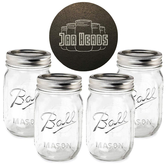 Ball Mason Jars 16 Oz Bundle with Non Slip Jar Opener- Set of 4 16 Ounce Size Mason Jars with Regular Mouth - Canning Glass Jars with Lids, Heritage Collection