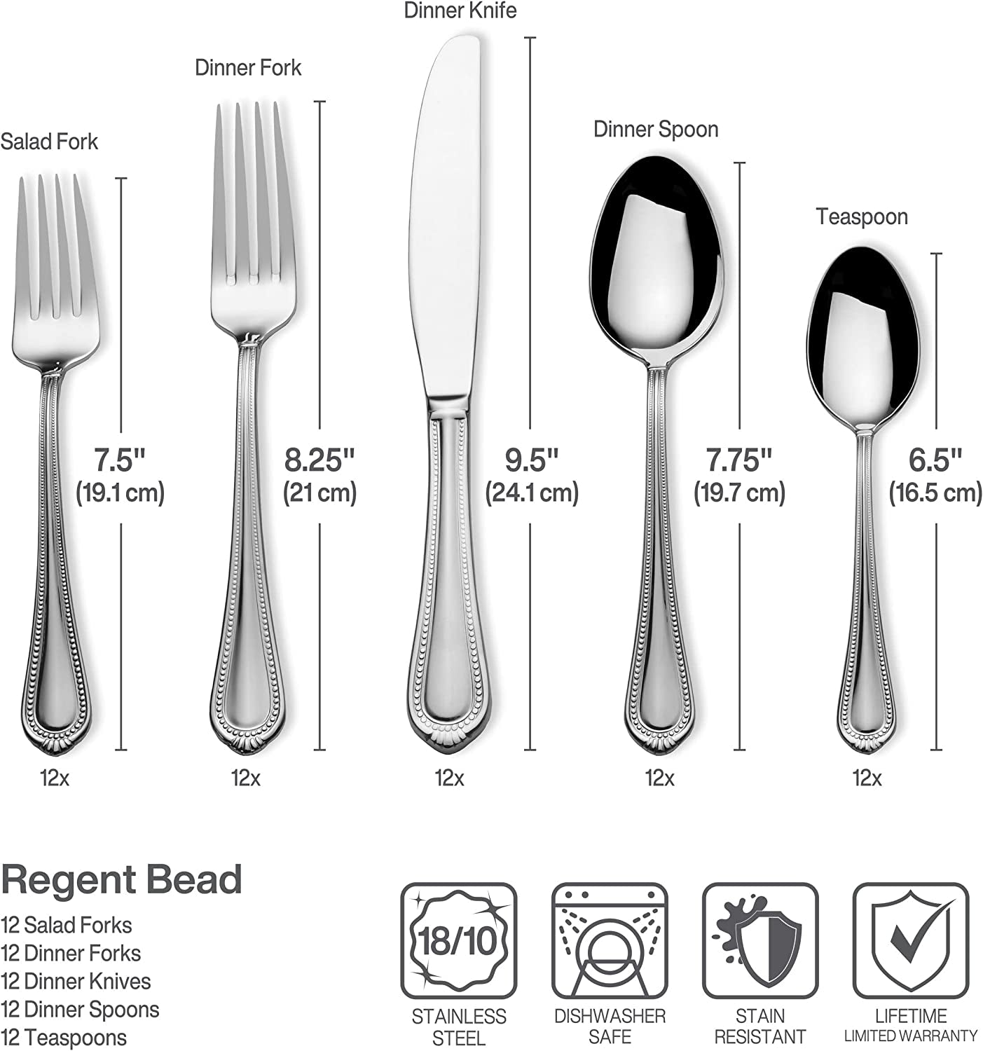 , Regent Bead Flatware Service for 12, 65 Piece Set, 18/10 Stainless Steel, Silverware Set with Serving Utensils