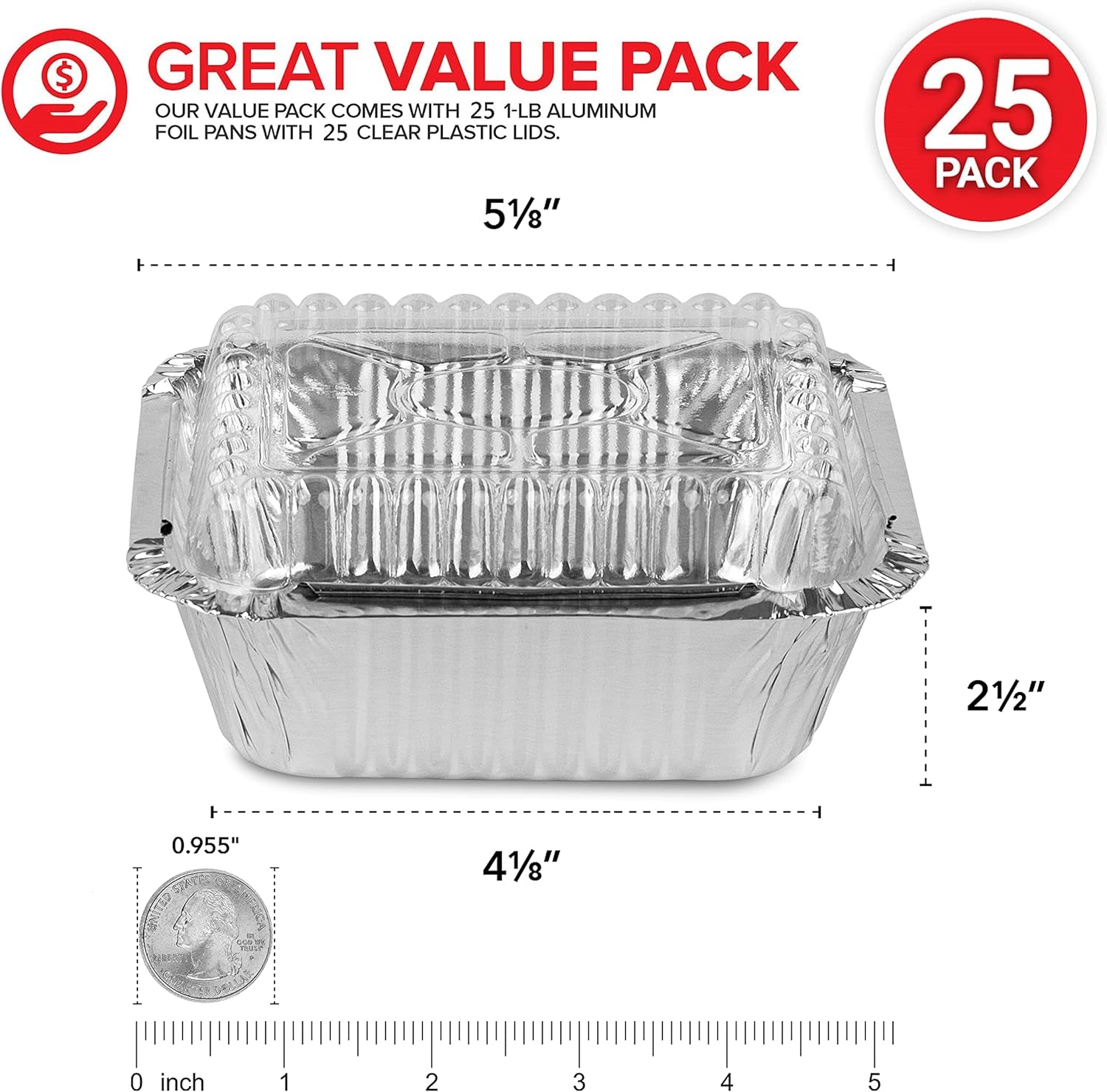 1 Lb Small Aluminum Pans with Lids (25 Pack) Foil Pans + Clear Plastic Lids, Disposable Cookware, Takeout Trays with Lids - to Go Disposable Food Containers for Restaurants & Catering