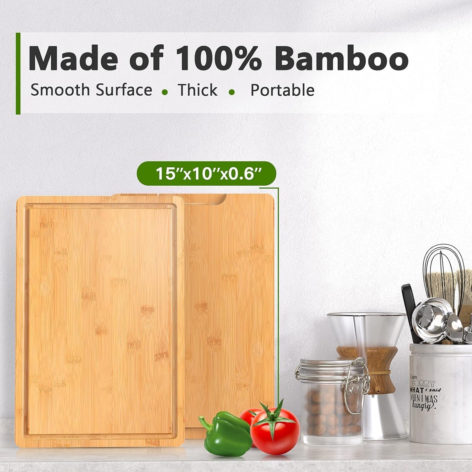 Bamboo Cutting Board Wood Kitchen Chopping Boards with Handle and Juice Groove for Meat (Medium Butcher Block, 15" X 10")